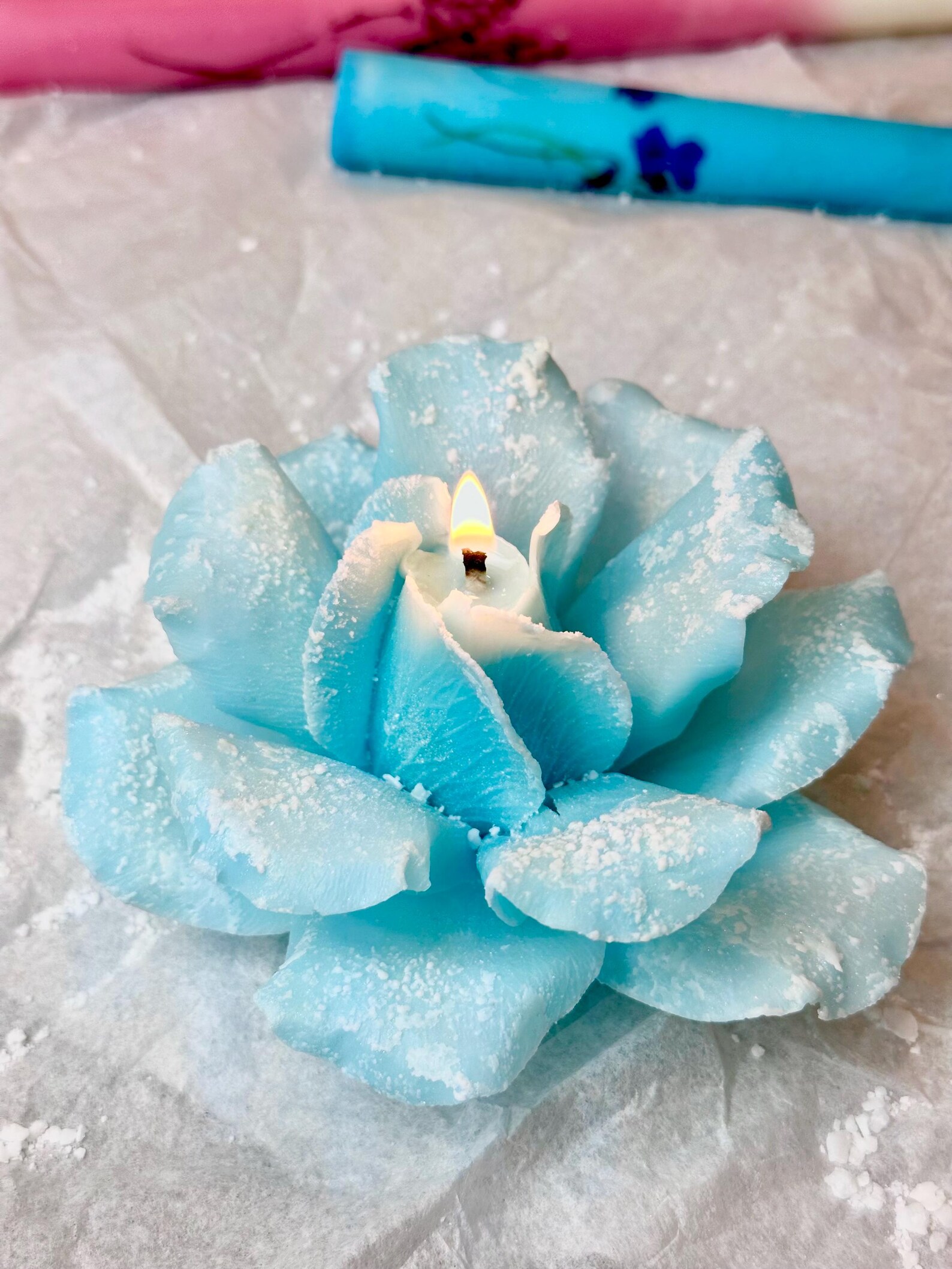 Frosted Blue Rose Candle 3